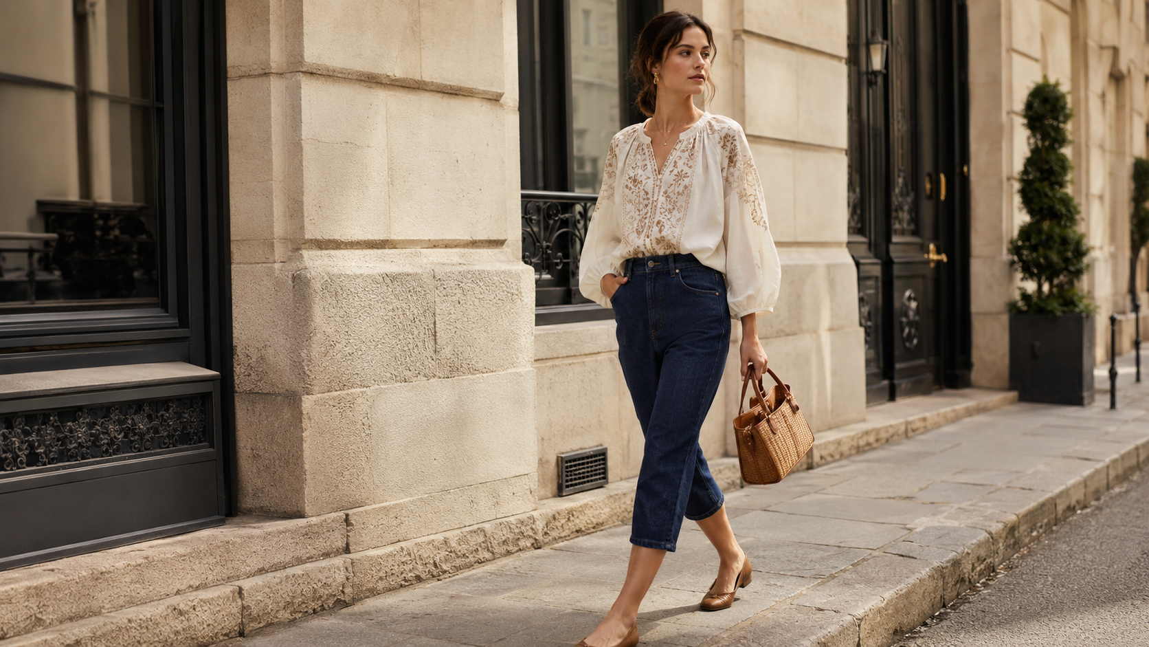 Denim Capri Pants Outfit with Embroidered Blouse